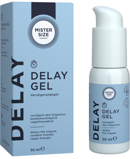 Картонная коробка и флакон с помповым дозатором для геля Mister Size Delay Gel